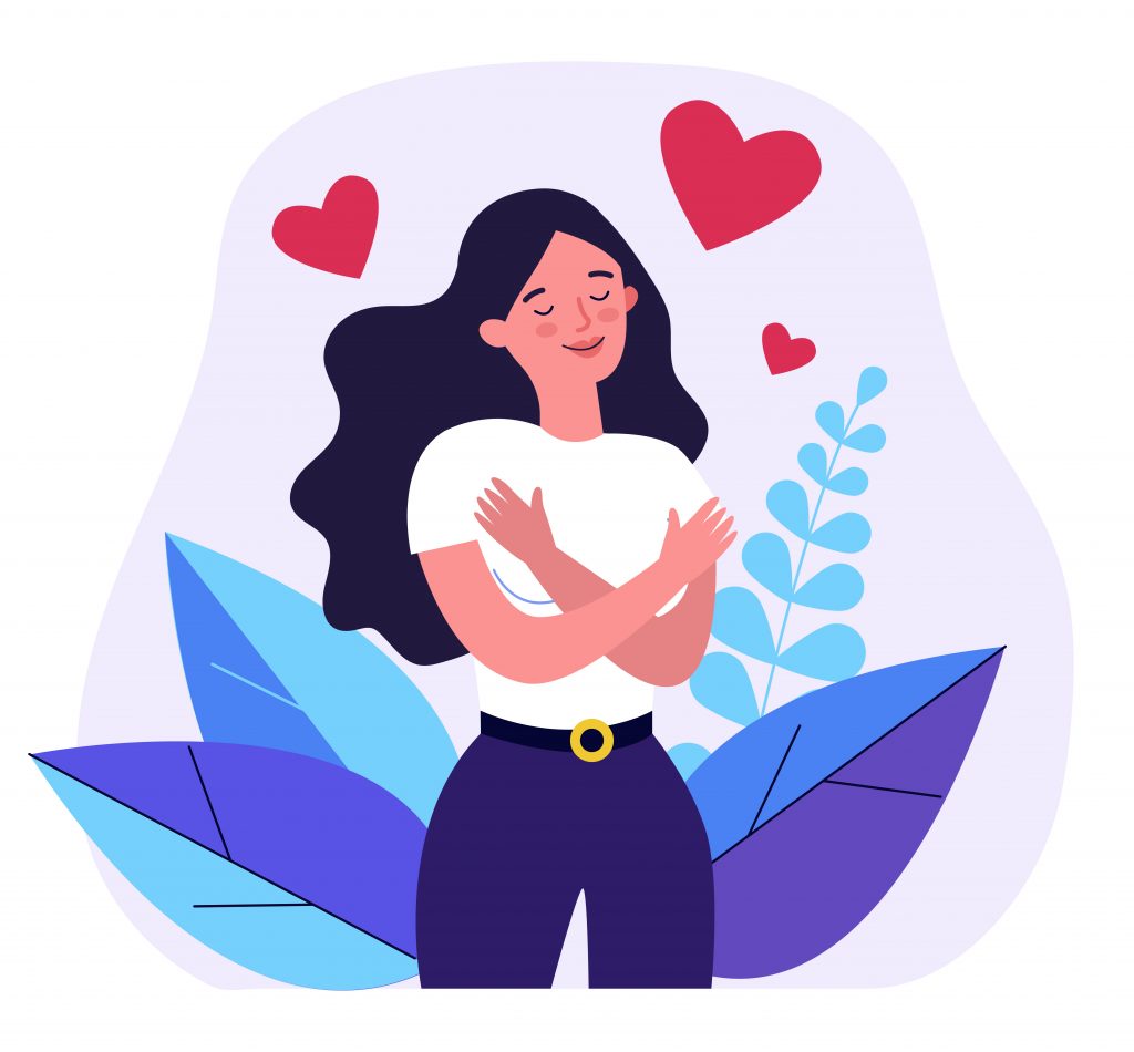 Happy woman hugging herself. Positive lady expressing self love and care. Vector illustration for love yourself, body positive, confidence concept